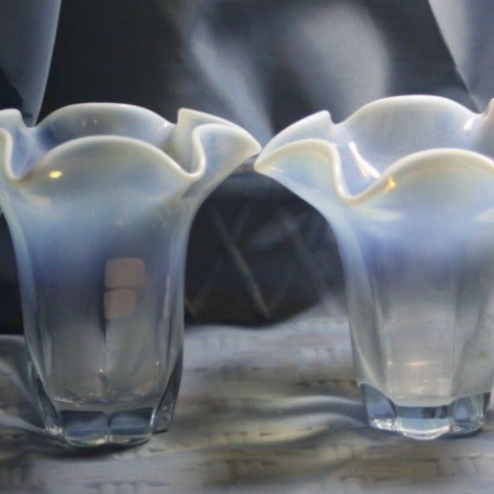 Vintage Pair LOT of 2 DUNCAN MILLER Blue Opalescent Glass Vase Vases Pinched Rim